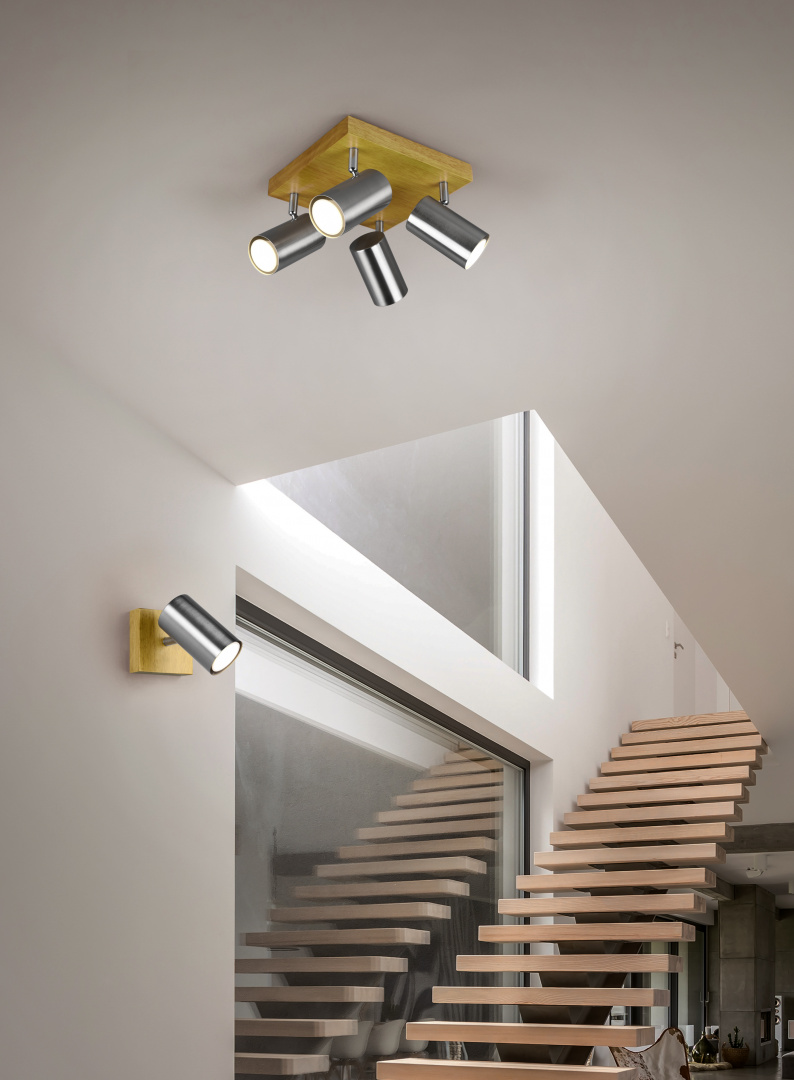 MARLEY BASE SPOT CIL. ACCIAIO BASE LEGNO NATURALE H. 16,5CM