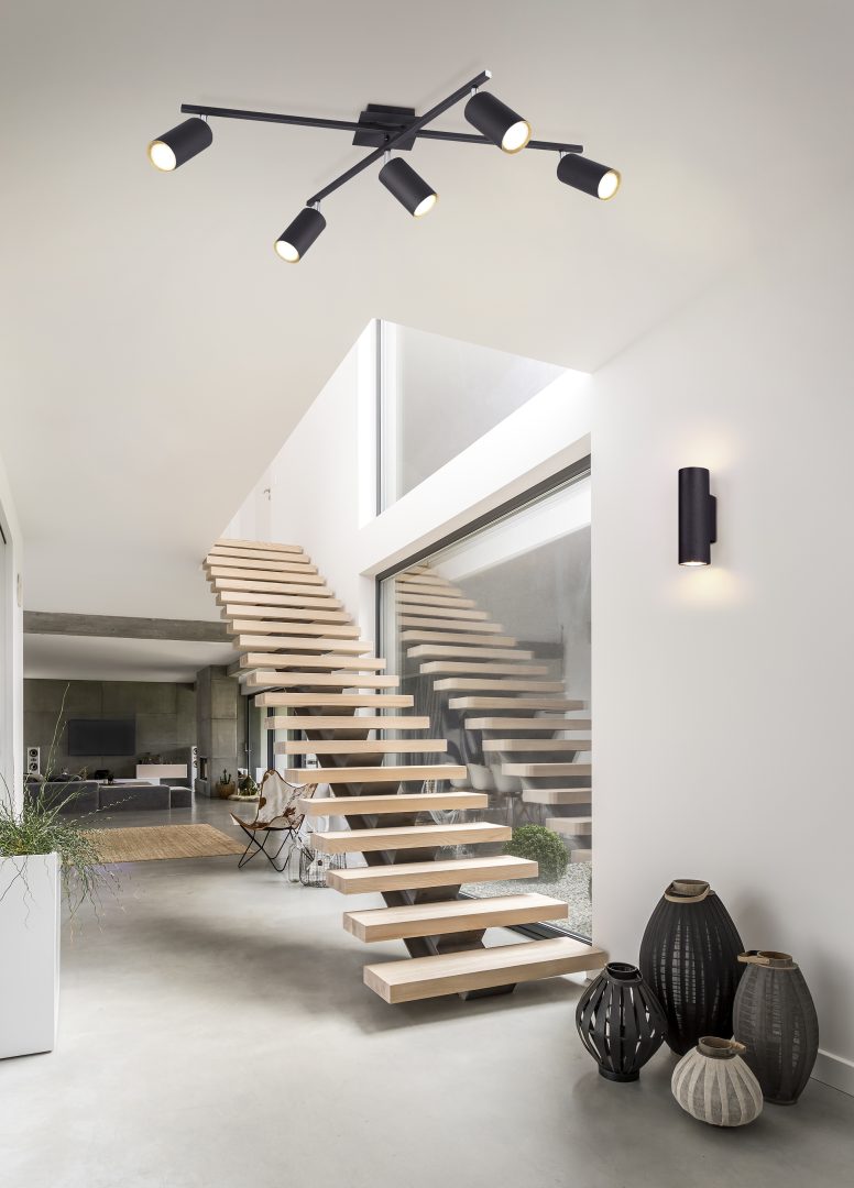 MARLEY PLAFONIERA 2 BARRE ORIENTABILI 5 SPOTS CILINDRO METALLO NERO L. 77,5CM 