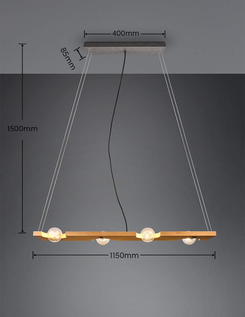 TAILOR SOSPENSIONE LEGNO NATURALE E METALLO ACCIAIO ANTICATO 4 LUCI L. 115CM