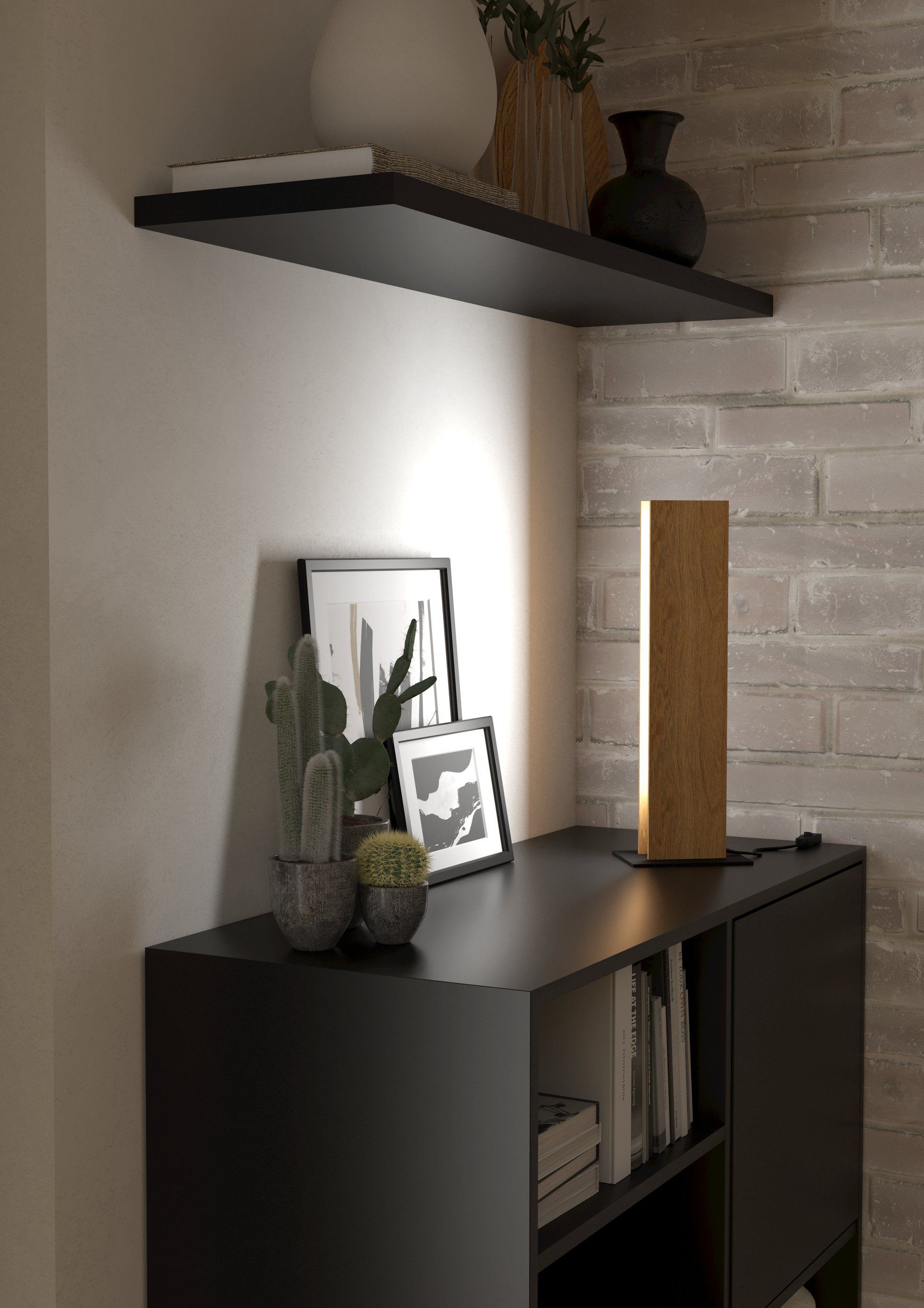 ANCHORENA-Z - Lampada da tavolo - LED 16W 2700-6500K 1800Lm inclusa - Struttura in legno, acciaio / finitura marrone, nero; Diffusore in plastica / finitura bianco;
L75 x 55 H465