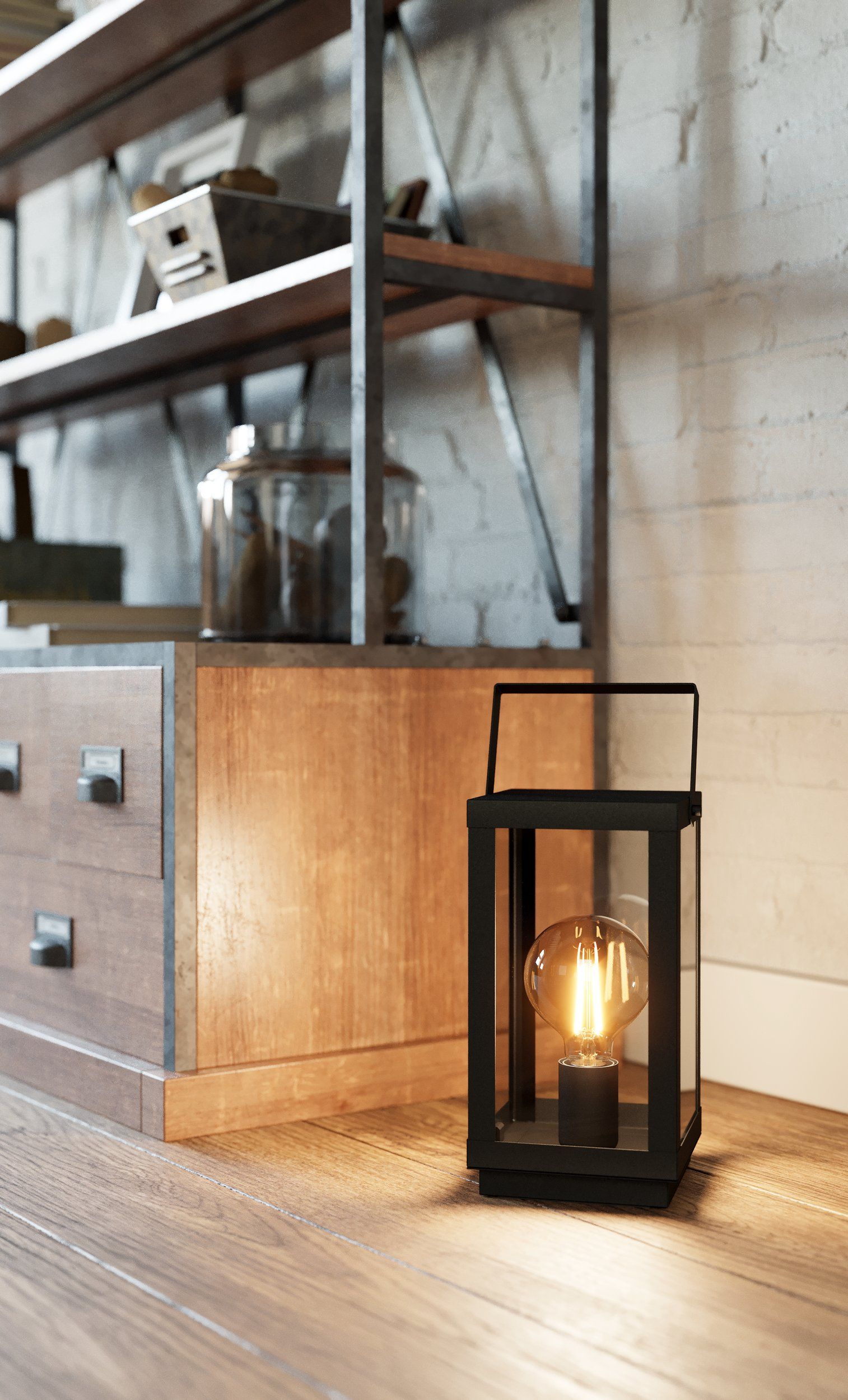 BRADFORD 1 - Lampada da tavolo - E27 1X60W - Struttura in acciaio / finitura nero; Diffusore in vetro / finitura chiaro;
L165 x 150 H370