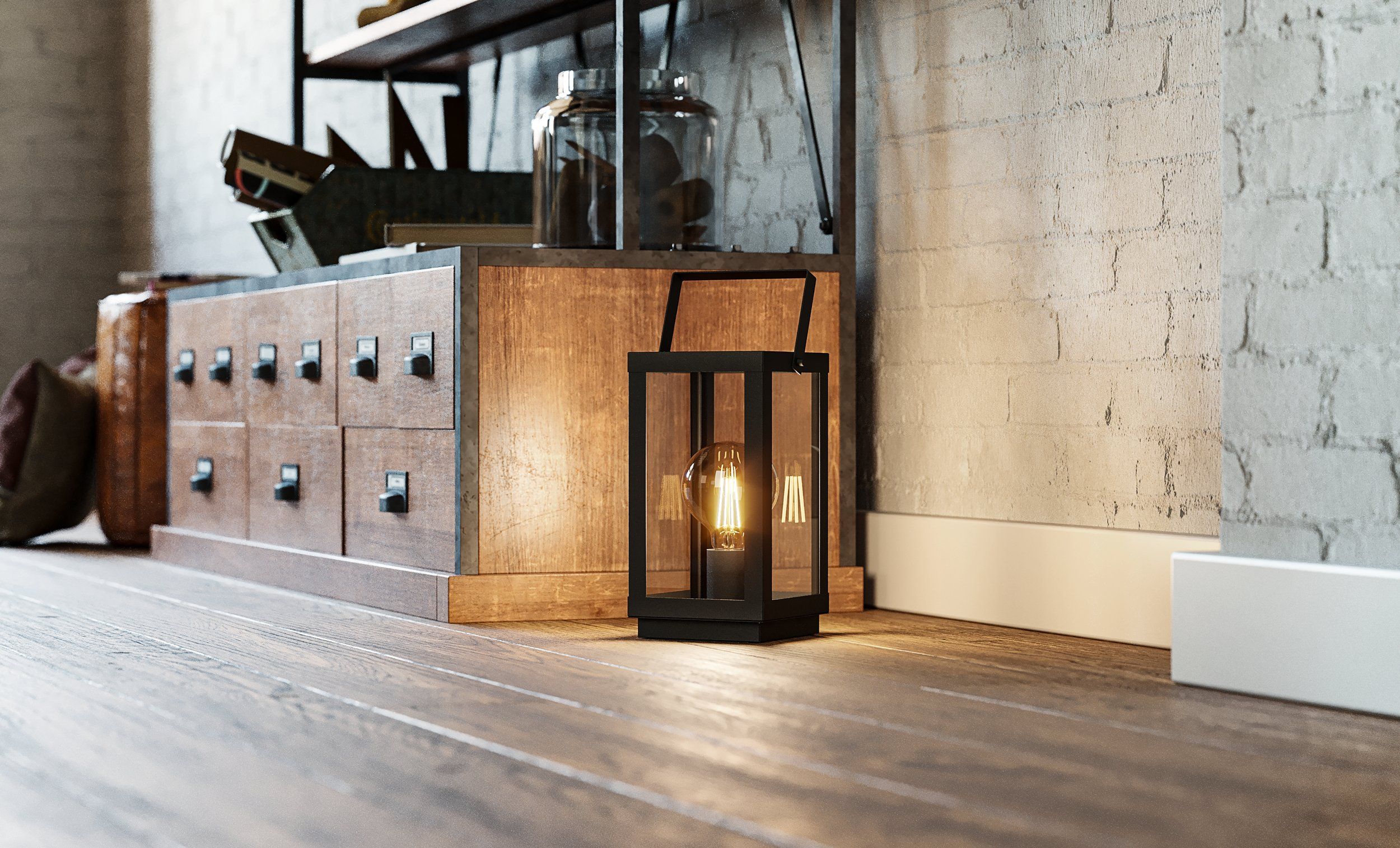 BRADFORD 1 - Lampada da tavolo - E27 1X60W - Struttura in acciaio / finitura nero; Diffusore in vetro / finitura chiaro;
L165 x 150 H370