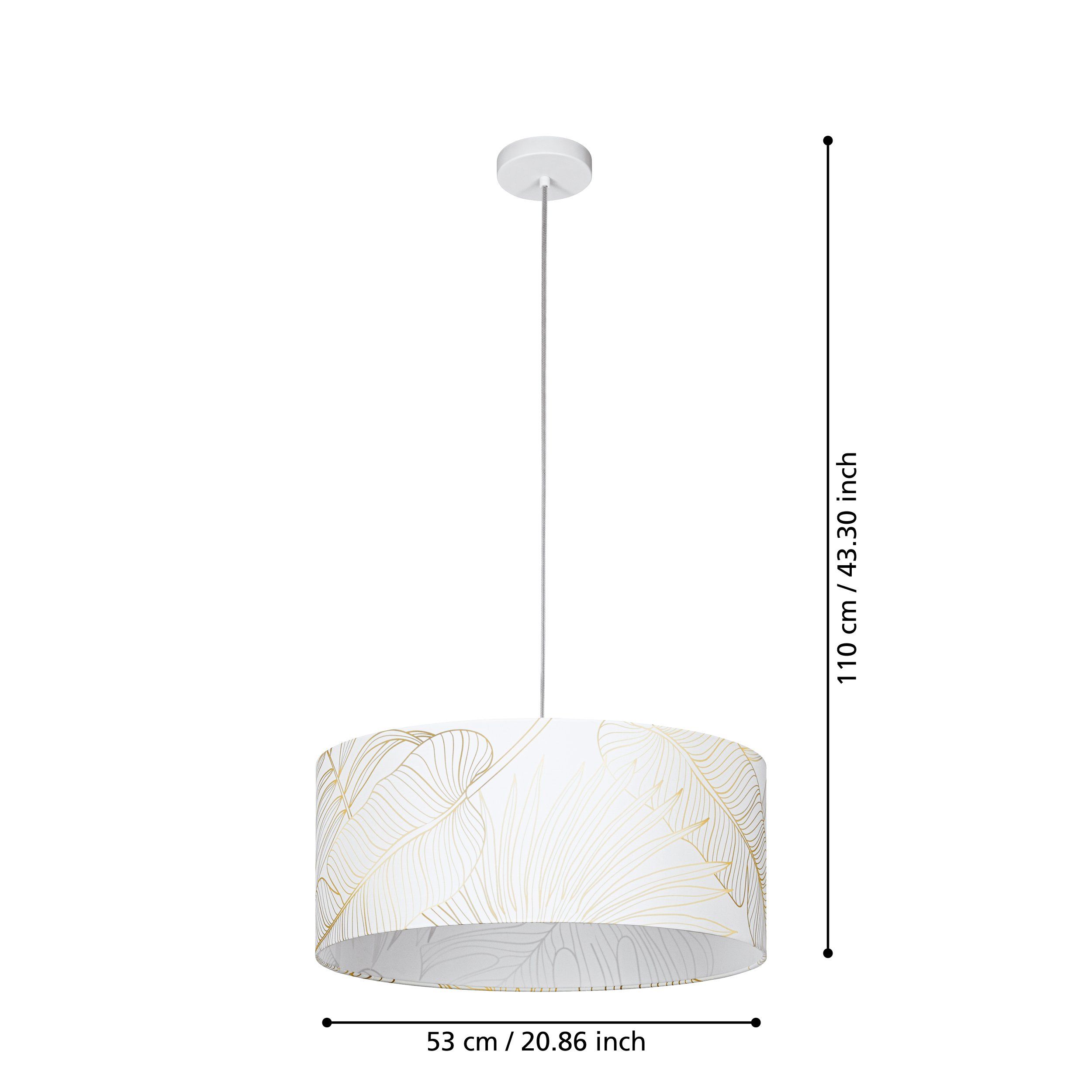 BUCAMARANGA - Sospensione - E27 1X40W - Struttura in acciaio / finitura bianco; Diffusore in tessuto con decori / finitura bianco, oro;
Ø530 H1100